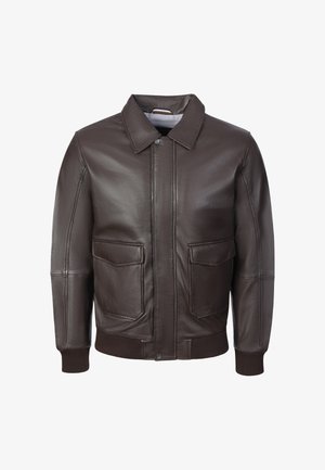 Braune Leder-Bomberjacke mit vorderen Klappentaschen, gerippten Bündchen und Saum sowie spitzem Kragen.