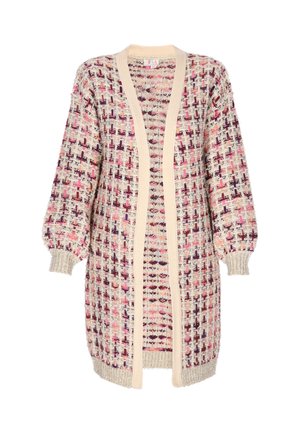 Strikket cardigan i creme med rosa, lilla og gyldne mønstre. Har lange, puffede ærmer og et åbent frontdesign. Blød tekstur.
