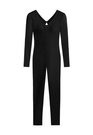 Črn dolg kombinezon z dolgimi rokavi, z V-izrezom in detajlom z odprtino v obliki ključavnice. Narejen iz gladkega blaga, z oprijetim krojem in dolgimi hlačnicami.