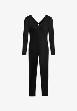 Schwarzer Jumpsuit mit langen Ärmeln, V-Ausschnitt und Schlüsselloch-Detail. Hergestellt aus glattem Stoff, mit figurbetontem Schnitt und langen Beinen.