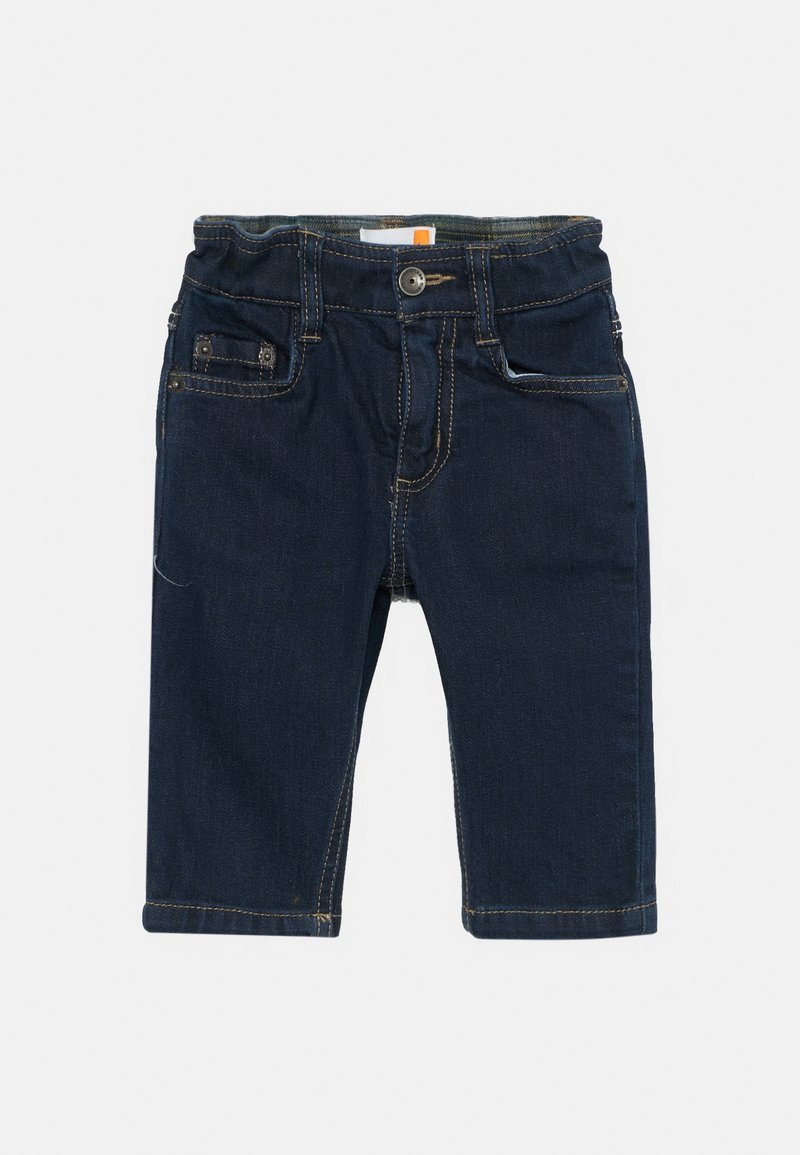 Mörkblå denim babybyxor med elastisk midja, femfickdesign och synliga sömnadsdetaljer. Rakt snitt till ankellängd.