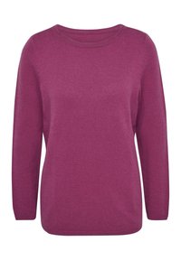 Magenta Pullover aus einem weichen Strickstoff. Verfügt über einen klassischen Rundhalsausschnitt, lange Ärmel und eine lockere Passform. Keine sichtbaren Muster oder Akzente.