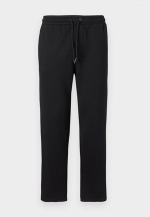 Svarte joggebukser laget av mykt stoff, med elastisk midje med justerbar snor, sidelommer og rett ben-design.