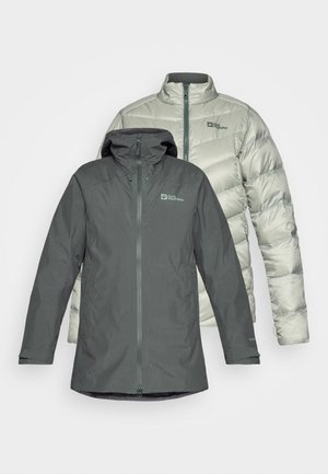 Two jackets: a dark gray waterproof outer shell with a hood and a light gray puffy insulated inner jacket, both featuring zippers and logos.
