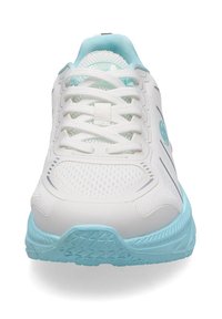 White athletic shoe with light blue accents, mesh material, flat laces, and textured sole. Features a logo on the side.