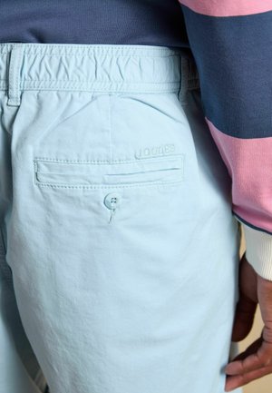 Back view of light blue shorts with buttoned back pocket and "Joules" branding, worn with a navy and pink striped shirt.