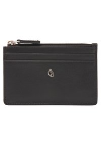 Zwarte leren portemonnee met meerdere kaartsleuven, een ritsgedeelte aan de bovenkant en een klein reliëflogo op de voorkant. Zachte textuur.