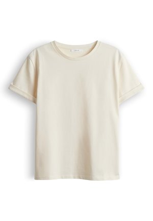 Crèmekleurig katoenen T-shirt met korte mouwen, omgeslagen manchetten en een ronde halslijn op een witte achtergrond.
