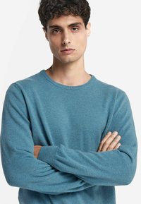 Tröja i en mjuk blå färg, tillverkad av texturerat material, med rund halsdesign och långa ärmar, med en avslappnad passform.