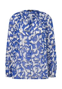 Blouse à manches longues avec fond bleu, imprimé floral abstrait blanc, encolure froncée et poignets boutonnés.