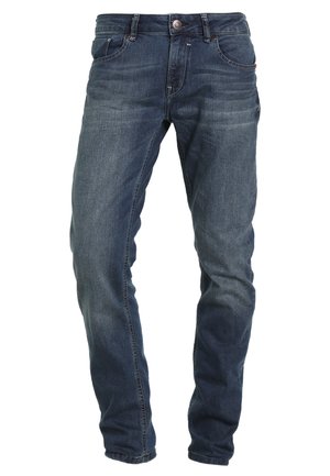 Donkerblauwe denim jeans met een slim fit, vijf zakken, riemlussen en een subtiele vervaging. Voorzien van een knoopsluiting en een rits.