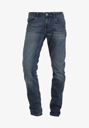 Donkerblauwe denim jeans met een slim fit, vijf zakken, riemlussen en een subtiele vervaging. Voorzien van een knoopsluiting en een rits.