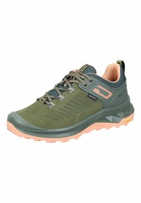 Green hiking shoe with a textured suede upper, breathable mesh, rubber sole, and contrasting peach accents. Features a lace-up design and branding.