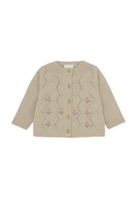 Beige stickad cardigan med lång ärm, prydd med blommig broderi i rosa och grönt, träknappar och dekorativt mönster med öppen väv.