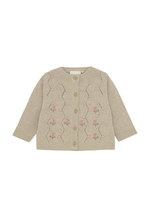 Beige knitted cardigan with long sleeves, featuring floral embroidery in pink and green, wooden buttons, and decorative openwork pattern.