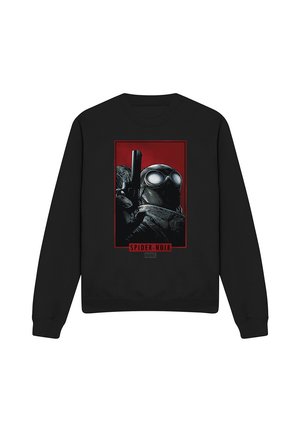Black sweatshirt with a Spider-Noir character holding a gun, wearing goggles, set against a red background with Marvel logo below.