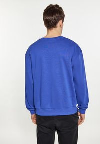 Felpa blu con maniche lunghe, vestibilità comoda, polsini e orlo a costine. Tessuto morbido, design minimale, indossata sopra pantaloni neri.