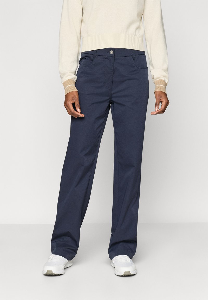 Sötétkék, egyenes szárú nadrág, sima anyagból készült, elöl zsebekkel és gombos derékmegoldással.