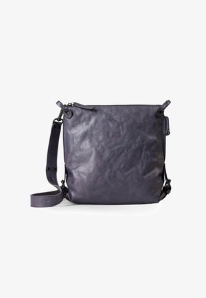 Borsa a tracolla in pelle di un viola scuro con superficie testurizzata, chiusura con zip, tracolla regolabile e dettagli di cucitura rinforzati.