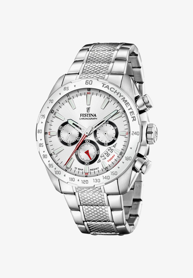 Srebrny zegarek chronograf ze stali nierdzewnej z białą tarczą, trzema podtarcza, bezel tachymetryczny oraz teksturowanym bransoletą typu mesh. Widoczne czerwone akcenty.