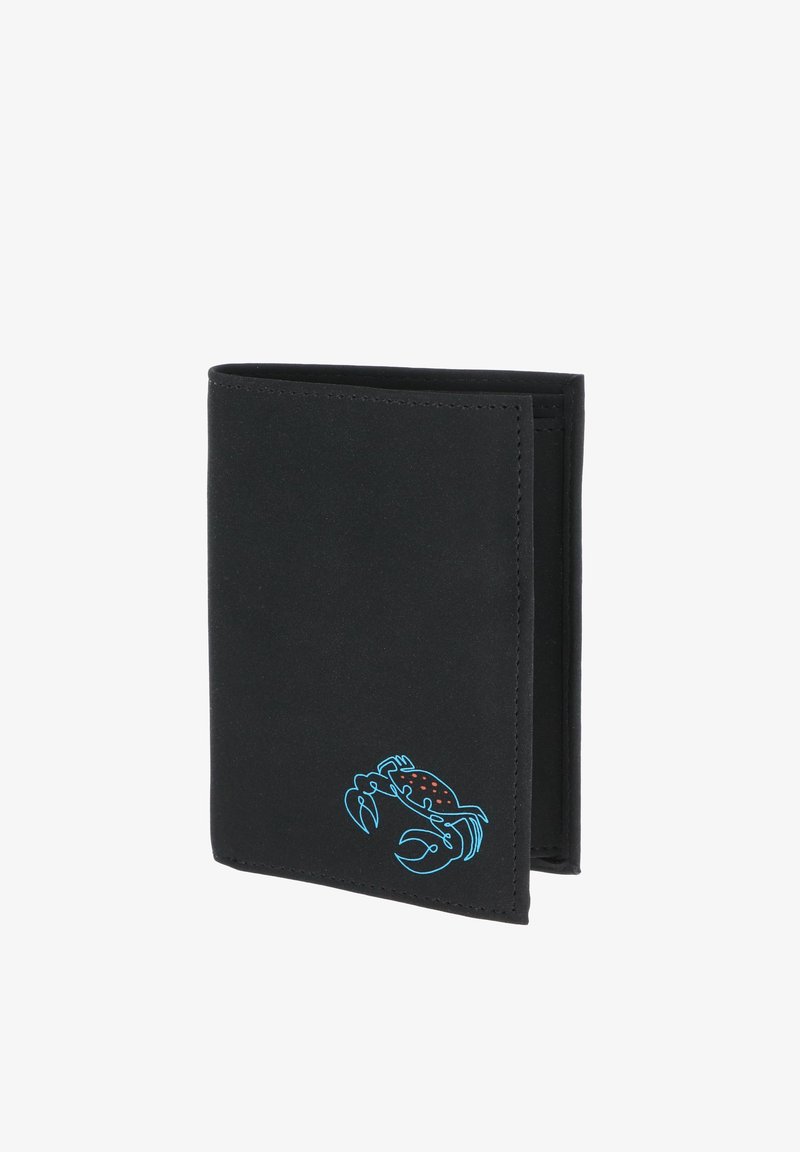 Portefeuille noir pliable avec une illustration d’un crabe bleu et rouge dans le coin inférieur avant, montré partiellement ouvert sur fond blanc.