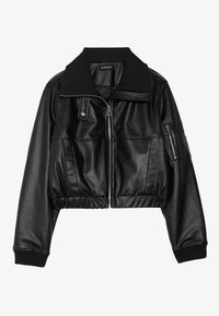 Chaqueta de cuero negra cortada con un amplio collar, cierre de cremallera y puños acanalados. Presenta dos bolsillos frontales y un acabado texturizado.