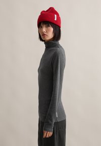 Grå høyhalset skjorte laget av mykt stoff, med lange ermer og slim fit, parret med en rød ribbestrikket lue med en logotag.