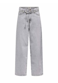 Jeans grigi chiari a gamba larga realizzati in denim, con vita tradizionale dotata di passanti per cintura, chiusura frontale con bottone e tasche laterali.