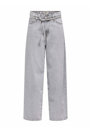 Hellegraue weite Jeans aus Denim, mit einer traditionellen Taille und Gürtelschlaufen, vorderem Knopfverschluss und Seitentaschen.