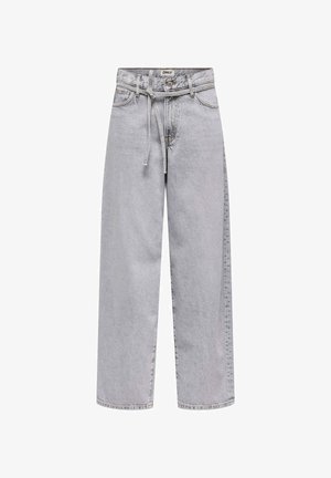 Jeans grigi chiari a gamba larga realizzati in denim, con vita tradizionale dotata di passanti per cintura, chiusura frontale con bottone e tasche laterali.