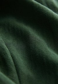 Ciemnozielona prążkowana tkanina o gładkiej fakturze, z pionowymi liniami i subtelnymi odcieniami koloru i światła. Brak widocznych wzorów lub elementów metalowych.