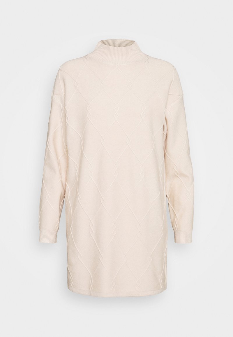 Light beige knitted sweater dress with a high ribbed collar, long sleeves, and a textured diamond pattern throughout. Soft, loose fit.