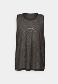 Veste de sport noire sans manches en mesh, ornée de petits points blancs et du logo "LES DEUX" centré sur la poitrine.