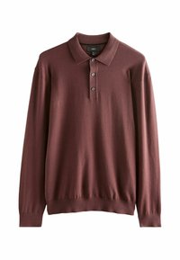 Burgundy long-sleeve polo shirt made of soft fabric with a classic collar and three-button placket. Finished with ribbed cuffs and hem.
