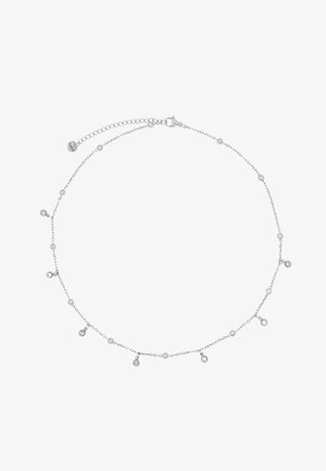 Silberne Kettenhalskette mit kleinen, runden Perlen und funkelnden Akzenten, mit einem Verschluss und verstellbarer Länge.