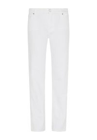 Pantaloni bianchi a gamba dritta realizzati in un mix di cotone, con un classico design a cinque tasche e dettagli in metallo in vita.