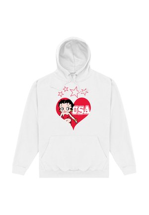 Biała bluza z kapturem z grafiką kreskówkowej postaci wewnątrz czerwonego serca, ozdobiona czerwonymi gwiazdkami i napisem "USA". Wykonana z miękkiego materiału.