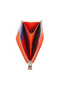 Orange leather wallet with a zip closure, featuring two compartments, smooth texture, and silver zipper hardware.