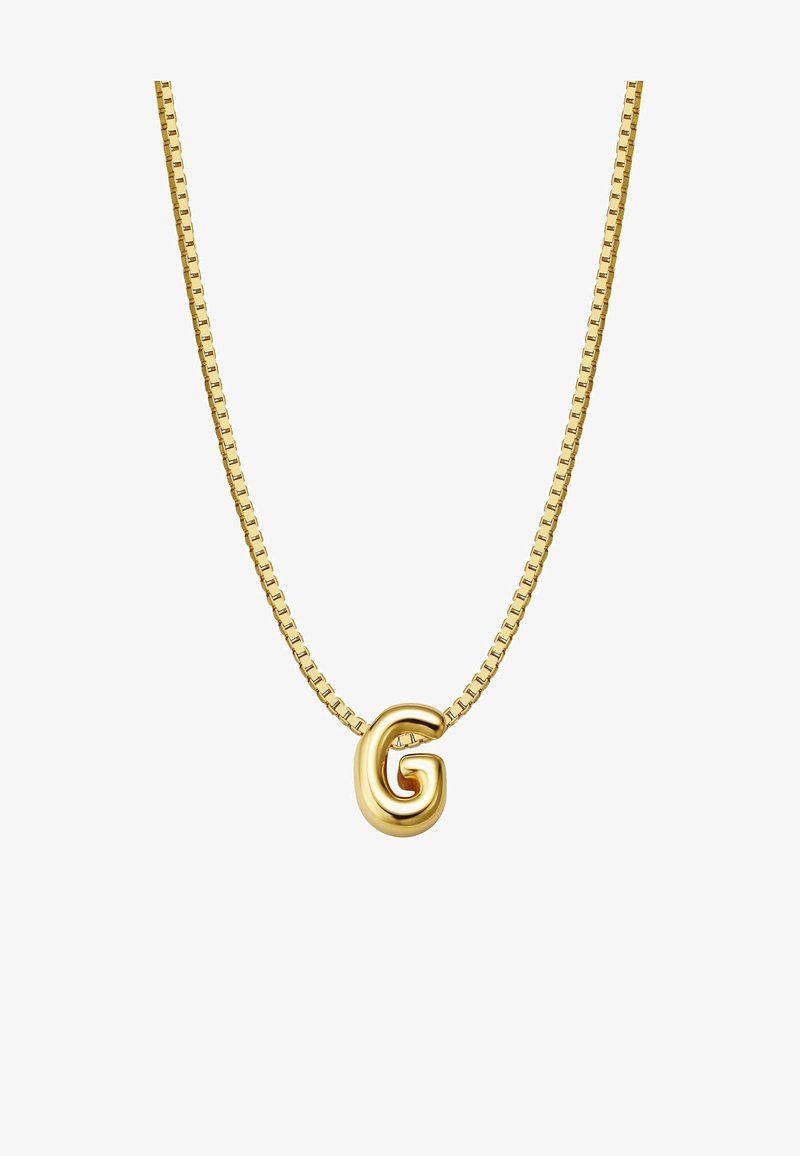 Zlati verižica z obeskom, ki ima ravno obliko kvadratne povezave. Ima oblikovan zlat obesek v obliki črke "G", gladko površino in odsevni lesk.