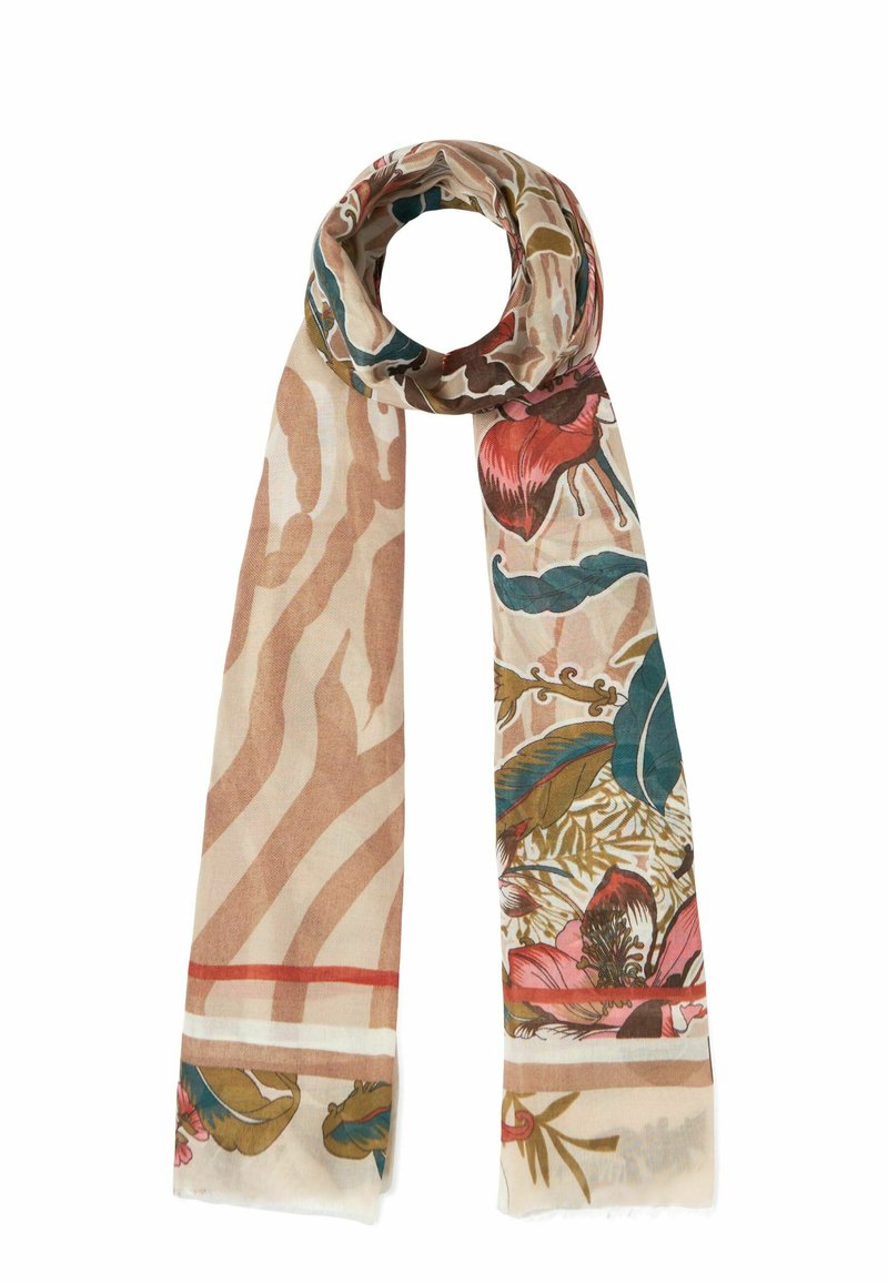 Bufanda de patrón floral en beige y verde, con una mezcla de grandes flores y rayas de cebra texturizadas. Tejido ligero y suave con bordes deshilachados.