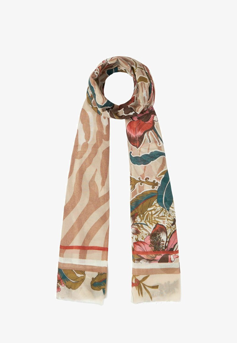 Bufanda de patrón floral en beige y verde, con una mezcla de grandes flores y rayas de cebra texturizadas. Tejido ligero y suave con bordes deshilachados.