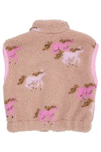 Vesta din fleece cu o schemă de culori roz și bej, având un exterior texturat cu mici modele de cai în nuanțe de roz, alb și accente maro.