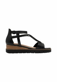 Sandalo con zeppa in pelle nera, caratterizzato da una tracolla intrecciata, design a strappo e tacco in legno testurizzato. La suola è in gomma nera.