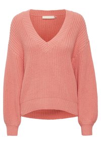 Maglione rosa a maglia con scollo a V, vestibilità ampia, dettagli a costine e maniche risvoltate. Tessuto strutturato con un aspetto morbido e accogliente.