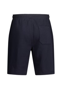 Navy blue, cotton athletic shorts with an elastic waistband and a single back pocket. Soft texture, knee-length design, and simple stitching.