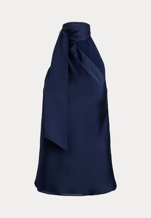 Marineblaues Satin-Halstertop mit gebundenem Nackendesign, glatt in der Textur und mit fallender Silhouette, geeignet für formelle Anlässe.