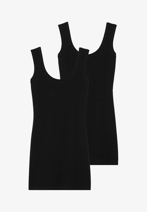 Dois tops de alças pretos feitos de tecido suave. Apresentam decote arredondado, alças largas e uma forma ajustada. Sem padrões ou logótipos visíveis.