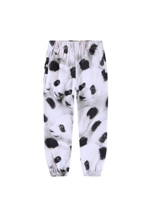 Hvide joggebukser med sorte og hvide panda ansigter trykt over det hele, med elastiske manchetter og linning.
