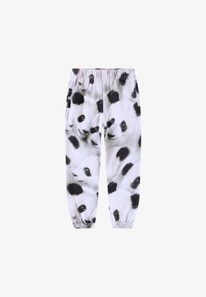 Hvide joggebukser med sorte og hvide panda ansigter trykt over det hele, med elastiske manchetter og linning.