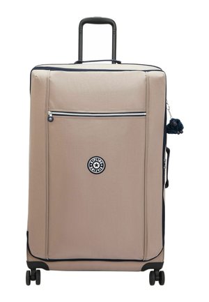 Valigia morbida beige con tasca frontale con cerniera, maniglia nera retrattile, quattro ruote e logo Kipling rotondo al centro.